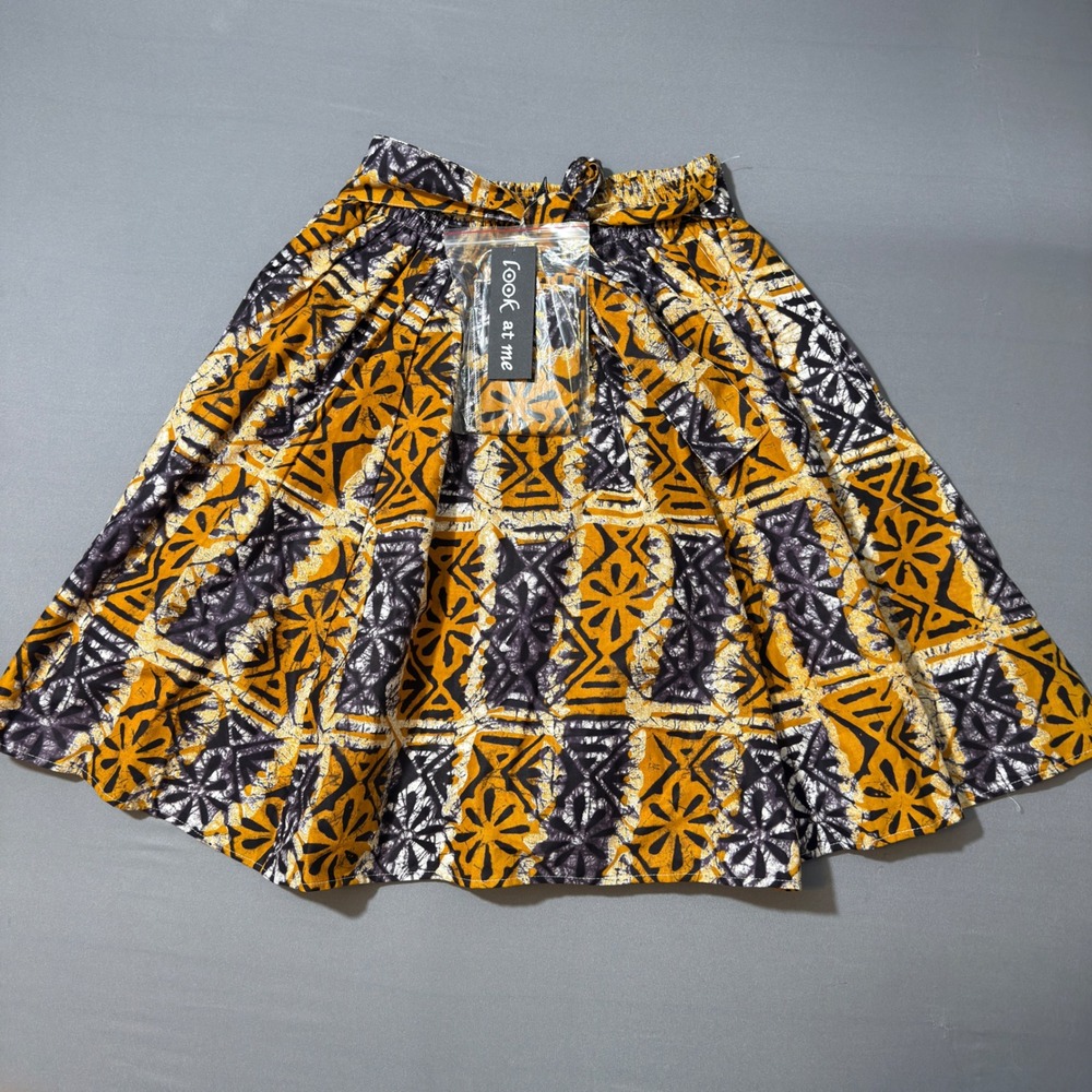 Look At Me Skirt One Size Gold‎ Purple Print Mini Elastic Waist Tie